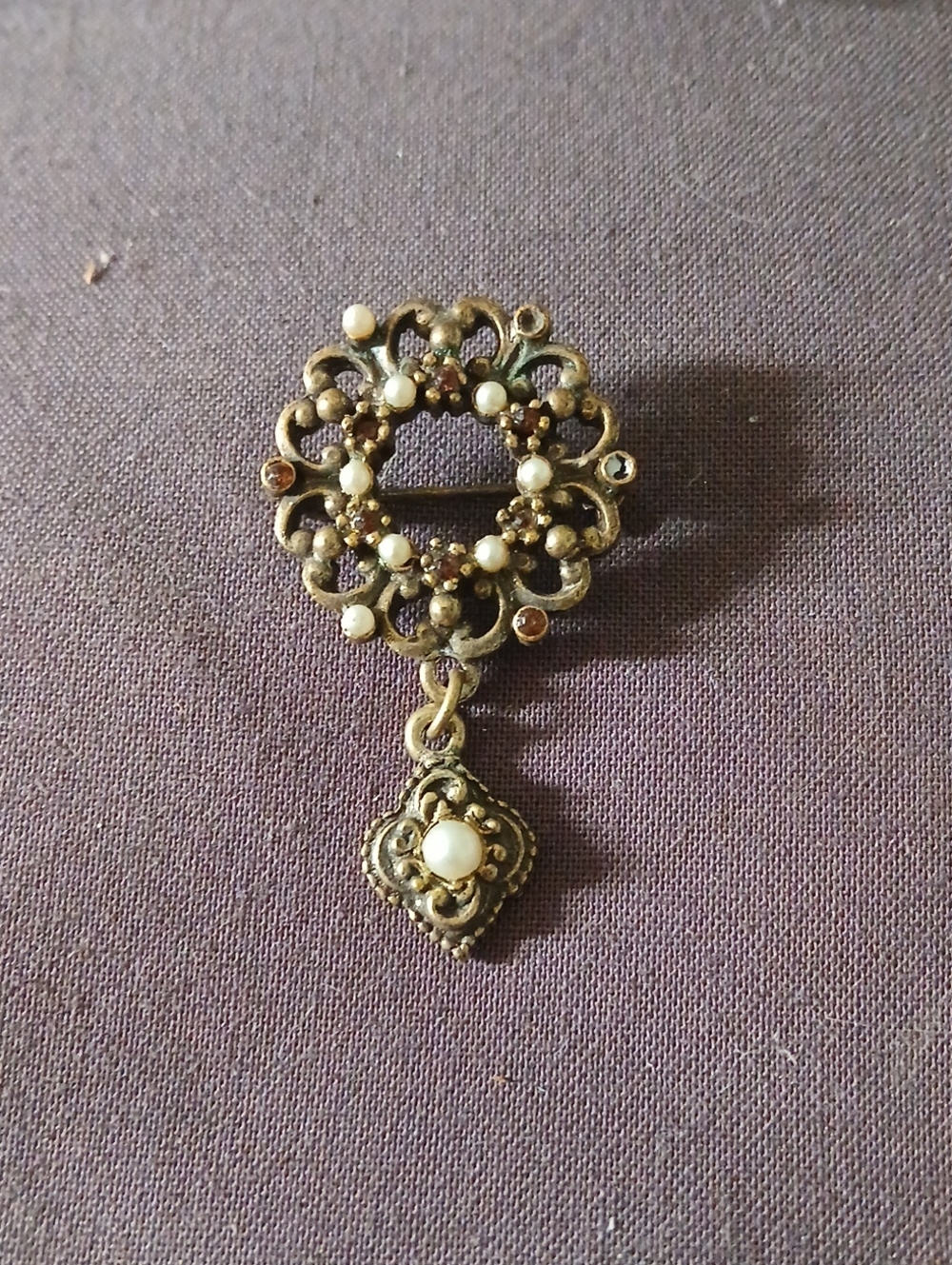 Vintage Gold Tone Filigree Pearl Drop Brooch